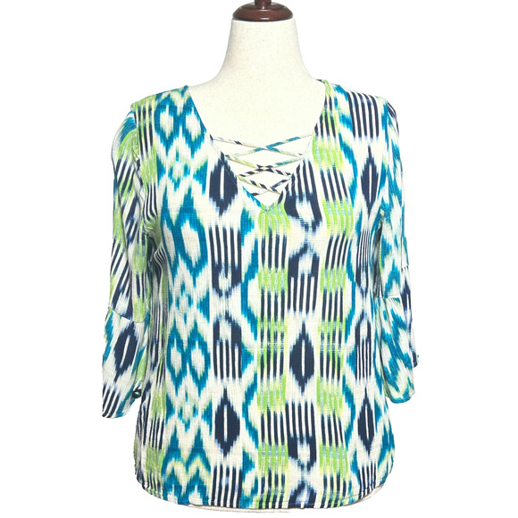 Chico's Tops - Chicos Top Womens Large 2 Blue Green Colorful Ikat Back Detail Bell Sleeve Rayon